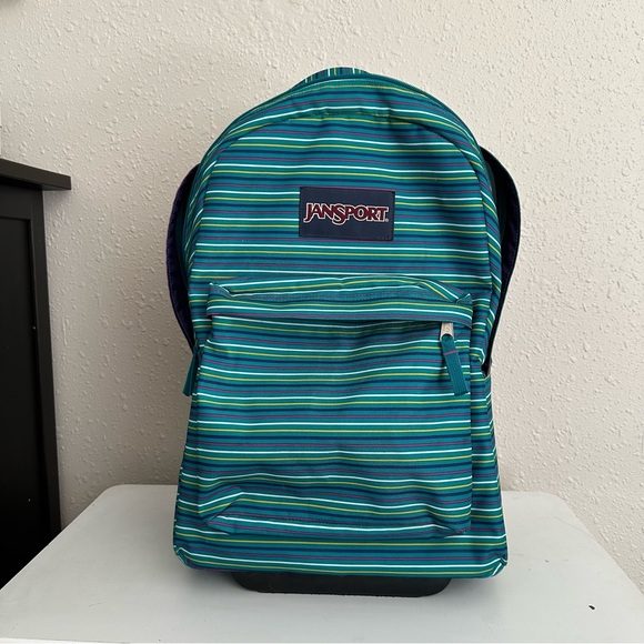 Jansport Teal and Lime Striped Backpack - Picture 1 of 7